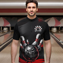 Load image into Gallery viewer, Custom Black And Red Grunge Style Skull Bowling Quarter-Zip Shirts For Men, Bowling Team Uniform IPHW8907