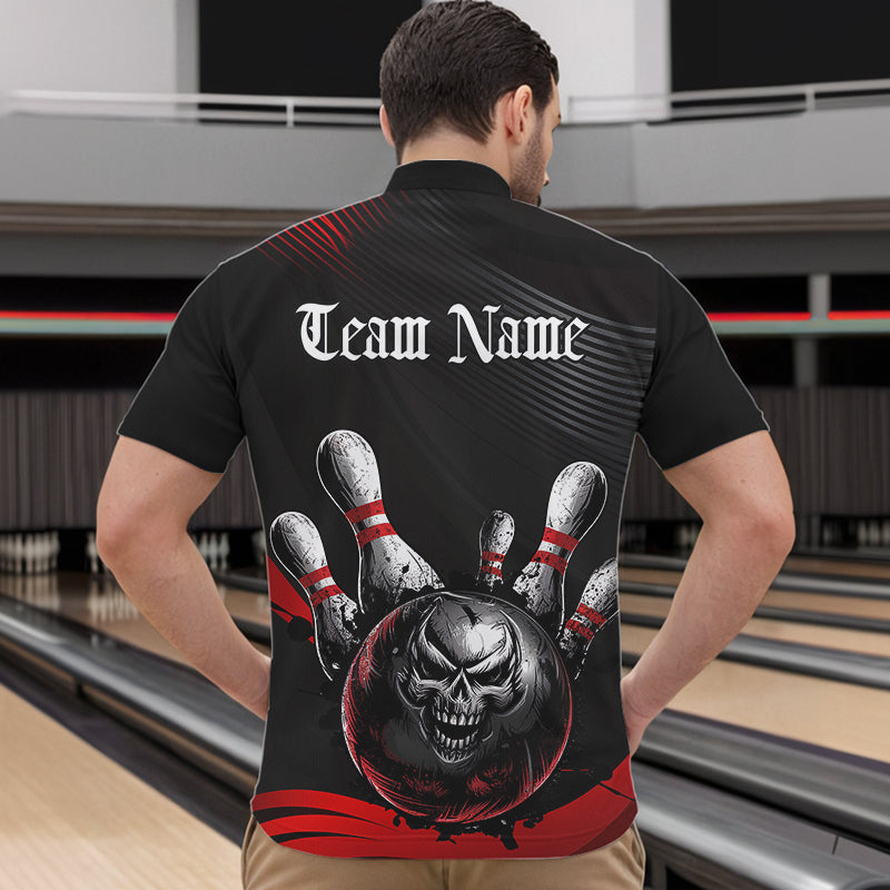 Custom Black And Red Grunge Style Skull Bowling Quarter-Zip Shirts For Men, Bowling Team Uniform IPHW8907