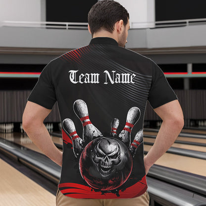 Custom Black And Red Grunge Style Skull Bowling Quarter-Zip Shirts For Men, Bowling Team Uniform IPHW8907