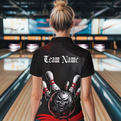 Custom Black And Red Grunge Style Skull Bowling Quarter-Zip Shirts For Women Team Uniform IPHW8907