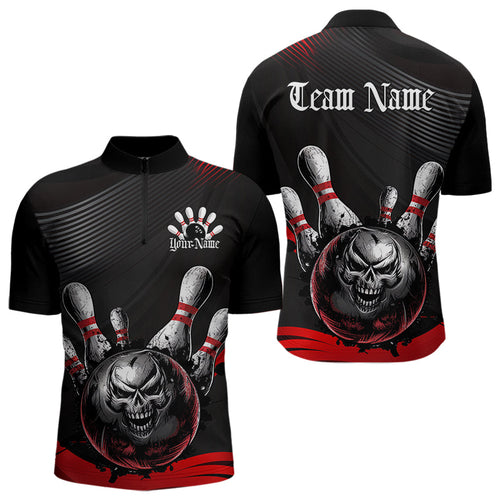 Custom Black And Red Grunge Style Skull Bowling Quarter-Zip Shirts For Men, Bowling Team Uniform IPHW8907