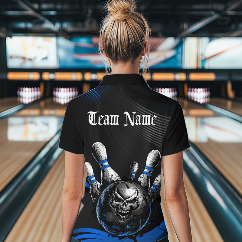 Custom Black And Blue Grunge Style Skull Bowling Quarter-Zip Shirts For Women, Team Uniform IPHW8908