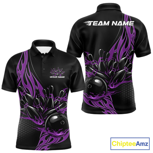 Front and back view mockup of a men’s black polo shirt featuring a purple flaming black bowling ball striking pins in a striking sports apparel design.