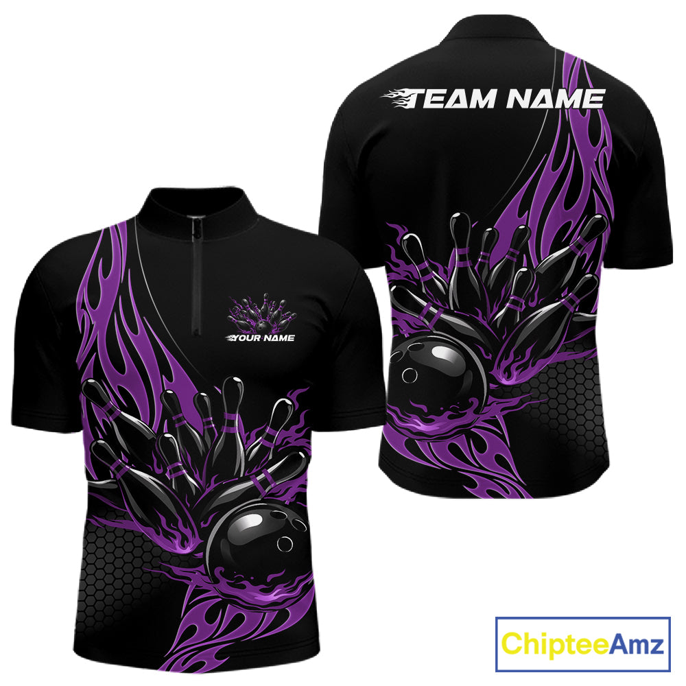 Front and back mockup of black quarter zip shirt with purple flaming black bowling ball striking pins in striking, modern sportswear design.