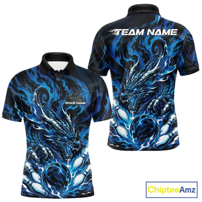 Custom bowling shirt featuring blue dragon, fiery abstract graphics, bowling pins, a bowling ball, front name personalization, and back team name.