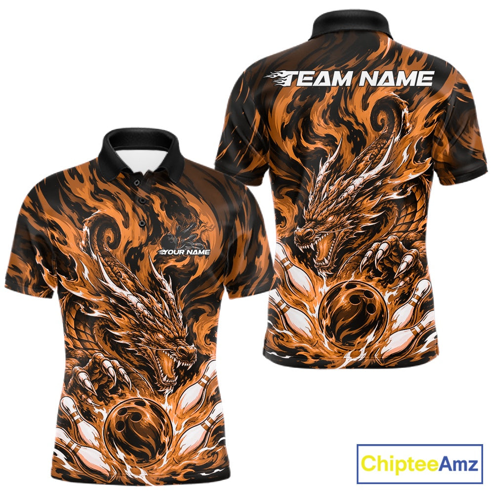 Custom bowling shirt featuring bright orange dragon, fiery abstract graphics, bowling pins, a bowling ball, front name personalization, and back team name.