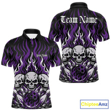 Load image into Gallery viewer, Personalized black-and-Purple bowling polo with dramatic flame patterns, three skulls, bowling pins, a front chest name, and ornate team name lettering on the back.
