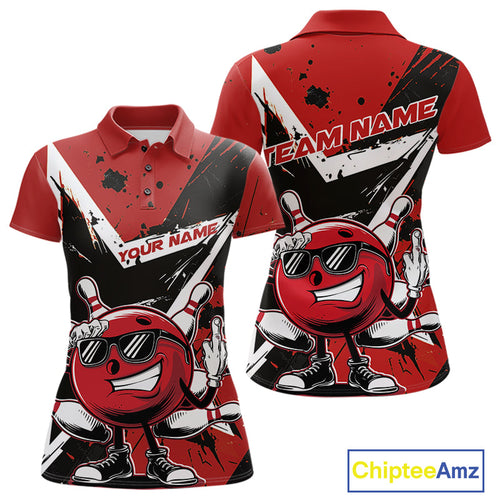 Custom Black And Red Star Funny Bowling Polo Shirts For Women, Bowling Tournament Shirt IPHW9358