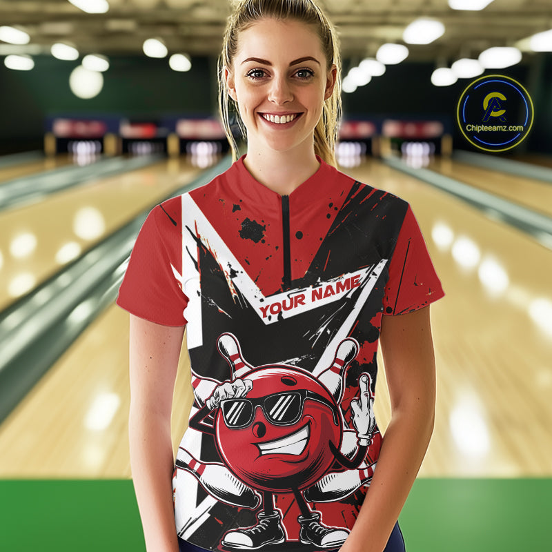 Custom Black And Red Star Funny Bowling Women Quarter-Zip Shirt, Bowling Tournament Shirt IPHW9358