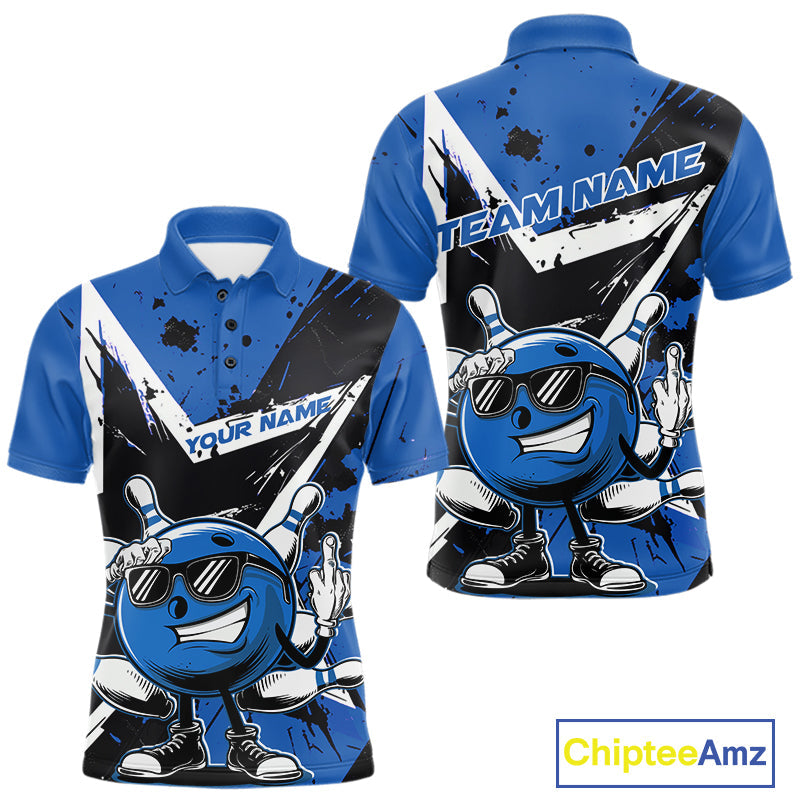Custom Black And Blue Star Funny Bowling Polo Shirts For Men, Bowling Tournament Shirt IPHW9359