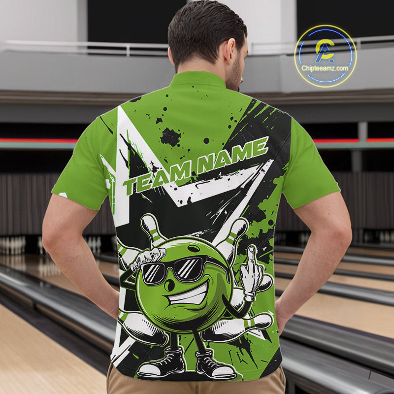 Custom Black And Green Star Funny Bowling Quarter-Zip Shirts For Men, Bowling Tournament Shirt IPHW9360