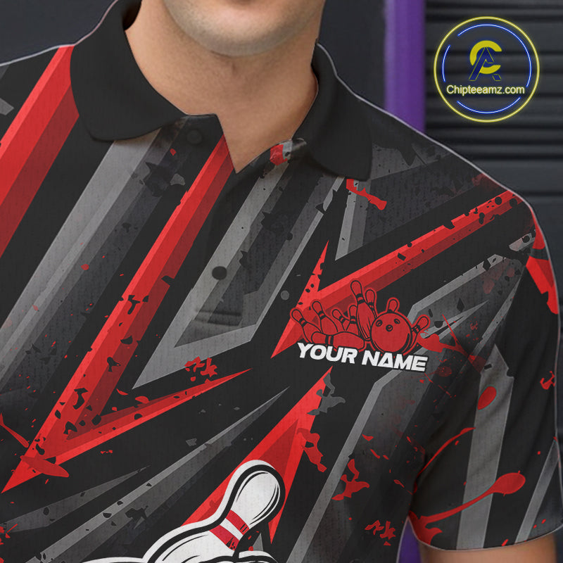 Black And Red Funny Custom Bowling Jerseys, Cool Bowling Polo Shirts For Men IPHW9361