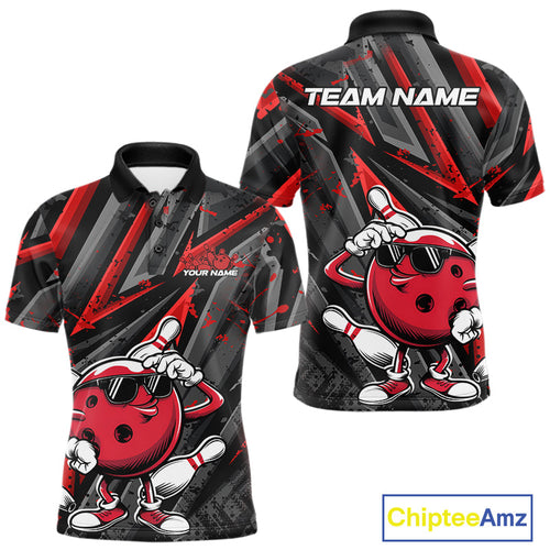 Black And Red Funny Custom Bowling Jerseys, Cool Bowling Polo Shirts For Men IPHW9361