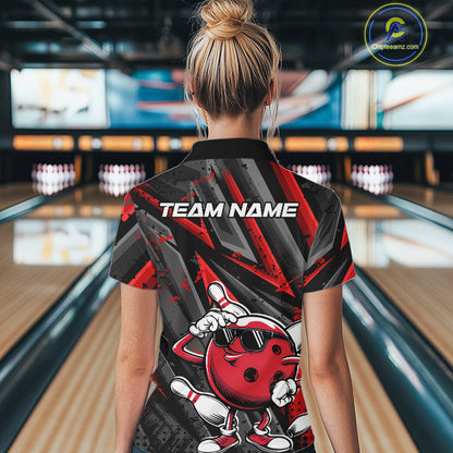 Black And Red Funny Custom Bowling Jerseys, Cool Bowling Quarter-Zip Shirts For Women IPHW9361