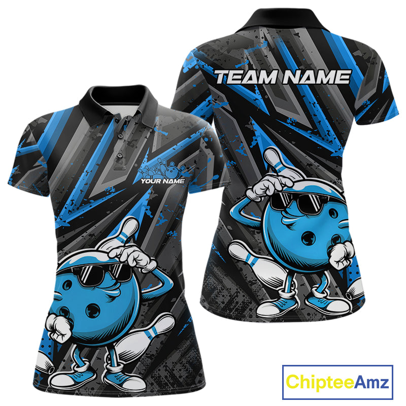 Black And Blue Funny Custom Bowling Jerseys, Cool Bowling Polo Shirts For Women IPHW9362