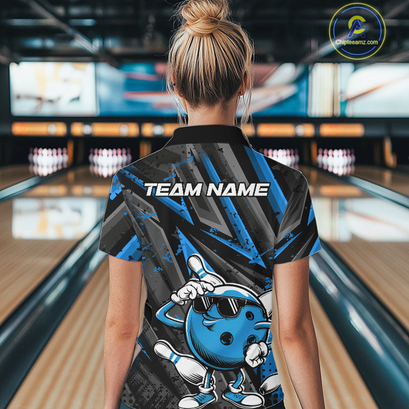 Black And Blue Funny Custom Bowling Jerseys, Cool Bowling Quarter-Zip Shirts For Women IPHW9362