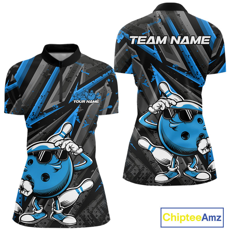 Black And Blue Funny Custom Bowling Jerseys, Cool Bowling Quarter-Zip Shirts For Women IPHW9362