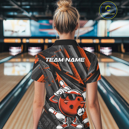 Black And Orange Funny Custom Bowling Jerseys, Cool Bowling Polo Shirts For Women IPHW9363