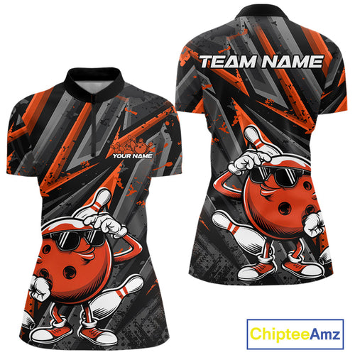 Black And Orange Funny Custom Bowling Jerseys, Cool Bowling Quarter-Zip Shirts For Women IPHW9363