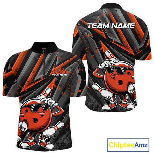 Black And Orange Funny Custom Bowling Jerseys, Cool Bowling Quarter-Zip Shirts For Men IPHW9363