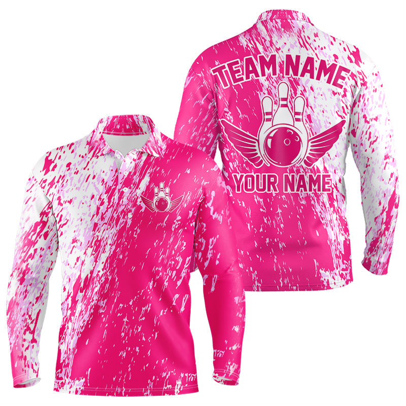 Custom Pink Bowling Long Sleeve Polo Shirts For Men, Team Bowling Jerseys Bowling Pins With Wings IPHW4999