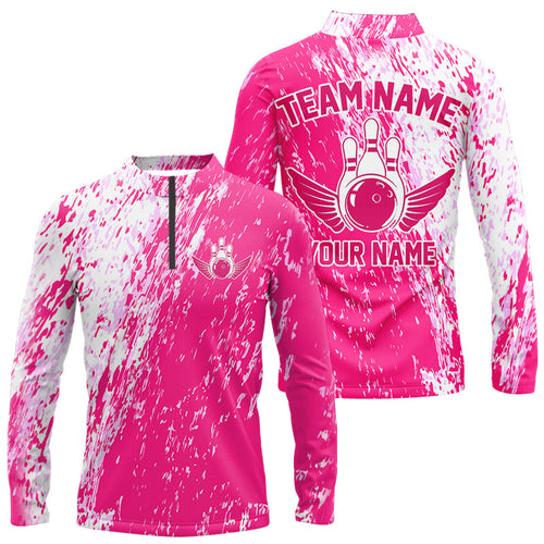 Custom Pink Bowling Long Sleeve Men Quarter-Zip Shirt, Team Bowling Jerseys Bowling Pin With Wings IPHW4999