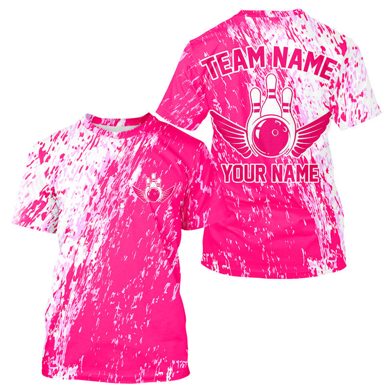 Custom Pink Bowling T-Shirts For Men, Team Bowling Jerseys Bowling Pins With Wings IPHW4999