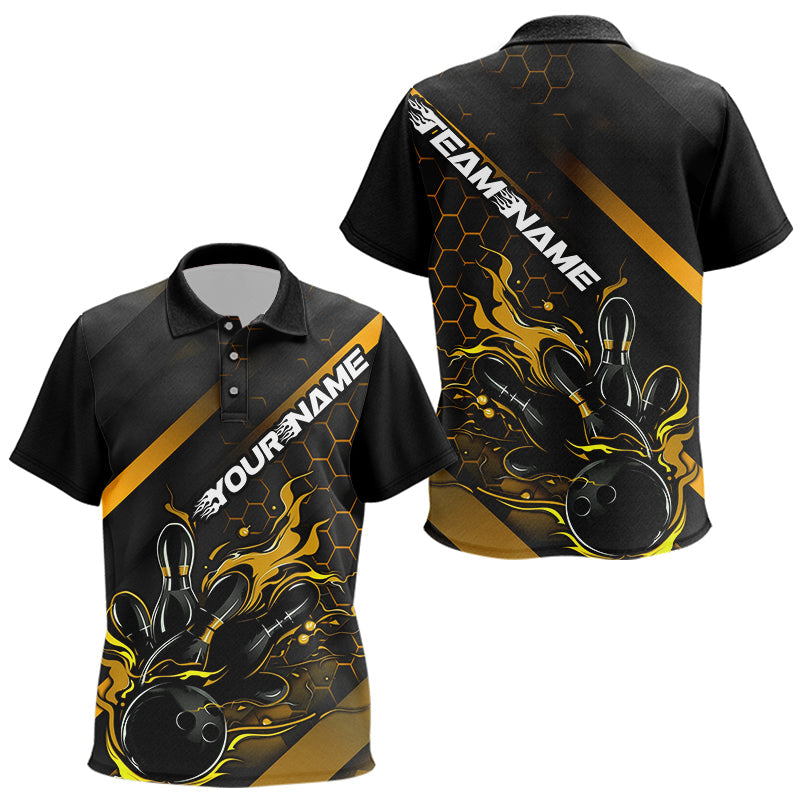 Custom Black And Gold Flame Bowling Polo Shirts For Kid, Bowling Team Bowling League Shirts IPHW7505