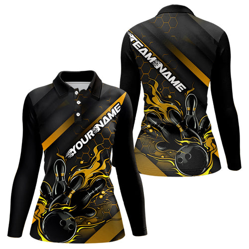 Custom Black And Gold Flame Bowling Women Long Sleeve Polo Shirts, Team Bowling League Shirts IPHW7505