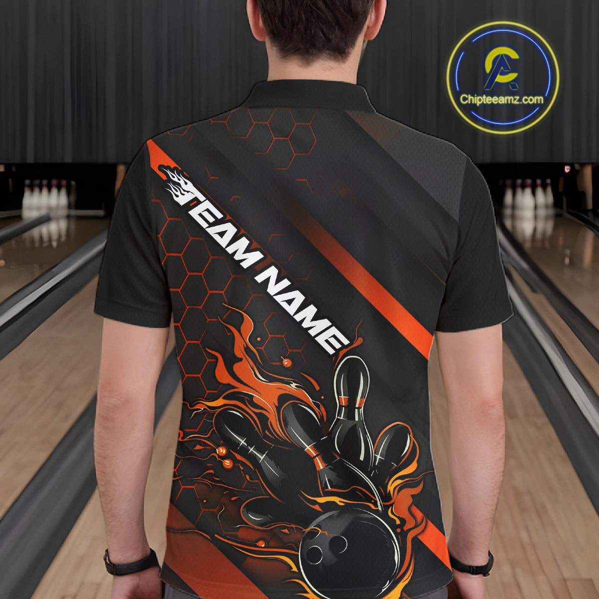 Custom Black And Orange Flame Bowling Shirts For Men, Bowling Team Bowling League Shirts IPHW7508
