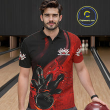 Load image into Gallery viewer, Custom Black And Red Flame Bowling Polo Shirt For Men, Bowling Team League Shirt IPHW9872