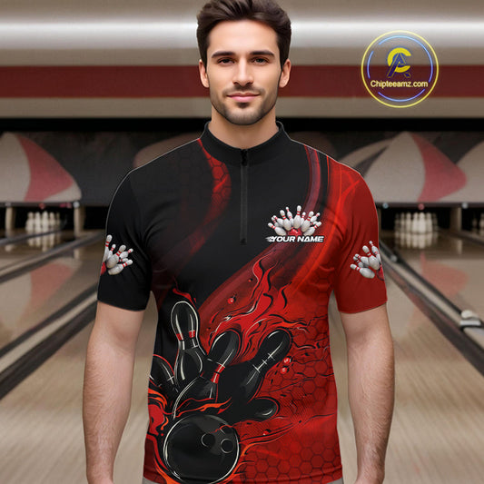 Custom Black And Red Flame Bowling Quarter-Zip Shirt For Men, Bowling Team League Shirt IPHW9872