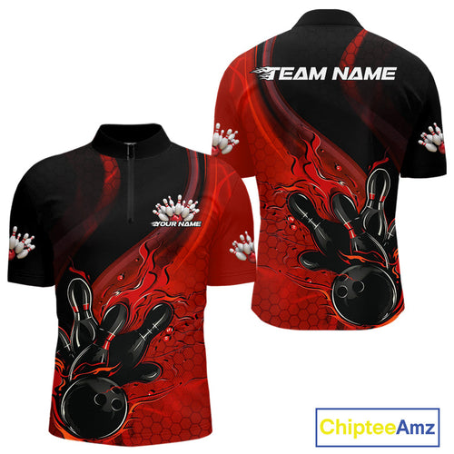 Custom Black And Red Flame Bowling Quarter-Zip Shirt For Men, Bowling Team League Shirt IPHW9872