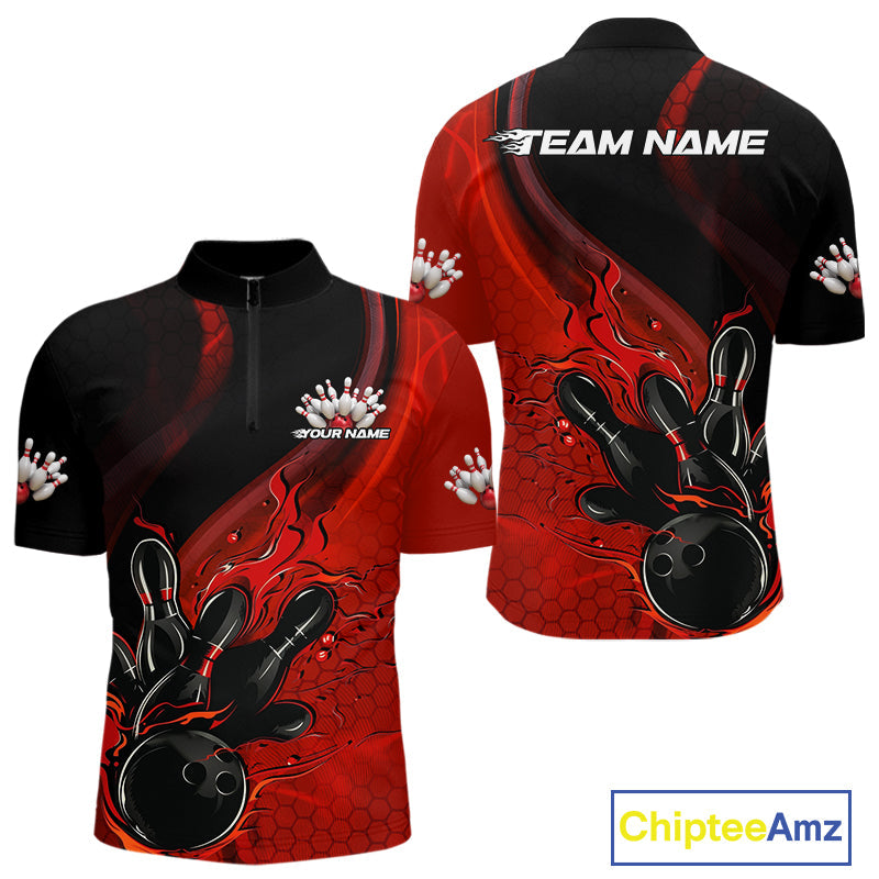 Custom Black And Red Flame Bowling Quarter-Zip Shirt For Men, Bowling Team League Shirt IPHW9872