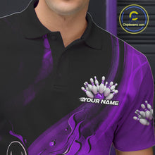 Load image into Gallery viewer, Custom Black And Purple Flame Bowling Polo Shirt For Men, Bowling Team League Shirt IPHW9874