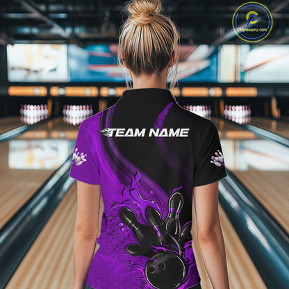 Custom Black And Purple Flame Bowling Women Quarter-Zip Shirt, Bowling Team League Shirt IPHW9874
