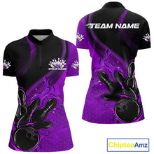 Load image into Gallery viewer, Custom Black And Purple Flame Bowling Women Quarter-Zip Shirt, Bowling Team League Shirt IPHW9874
