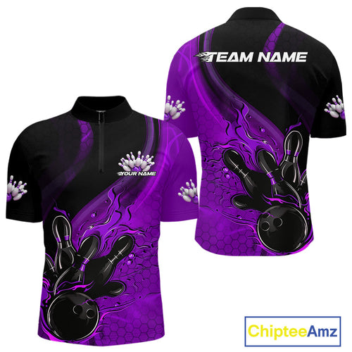 Custom Black And Purple Flame Bowling Quarter-Zip Shirt For Men, Bowling Team League Shirt IPHW9874