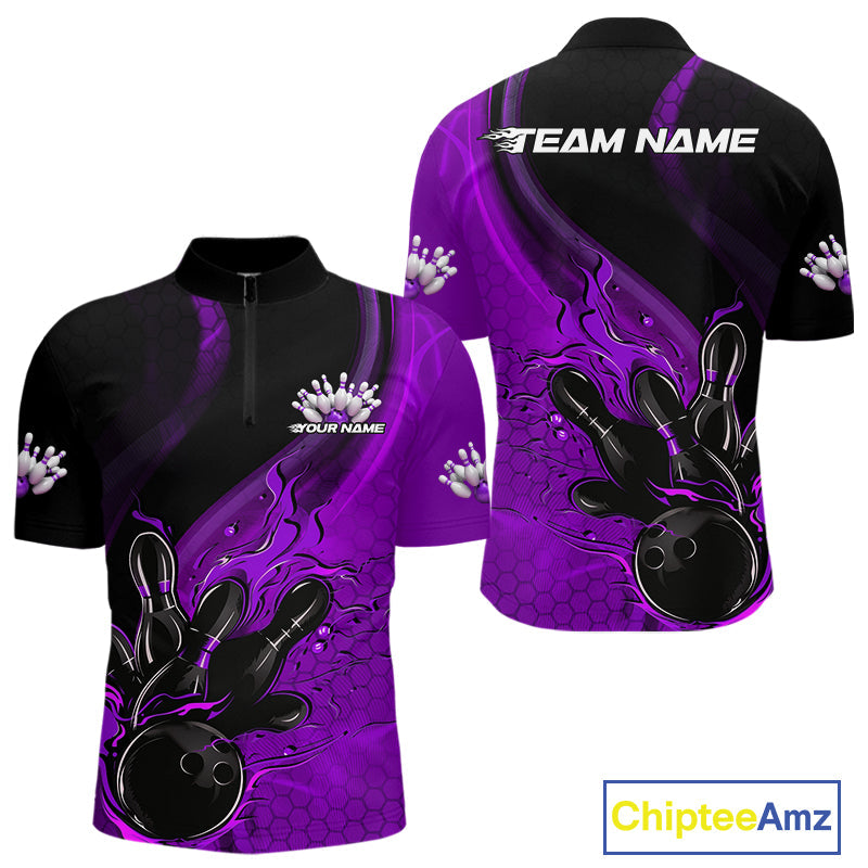 Custom Black And Purple Flame Bowling Quarter-Zip Shirt For Men, Bowling Team League Shirt IPHW9874