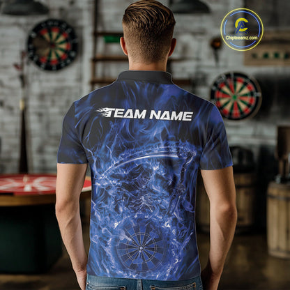 Custom Black And Blue Flame Grim Reaper Dart Team Men Polo Shirts, Halloween Otufit IPHW10036
