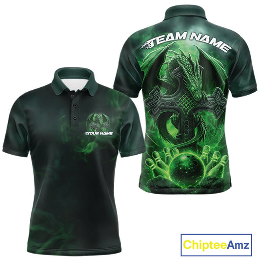 Custom Green Flame Celtic Cross Dragon Bowling Team Shirts, St Patricks Day Faith Bowling Tournament Shirts IPHW10507
