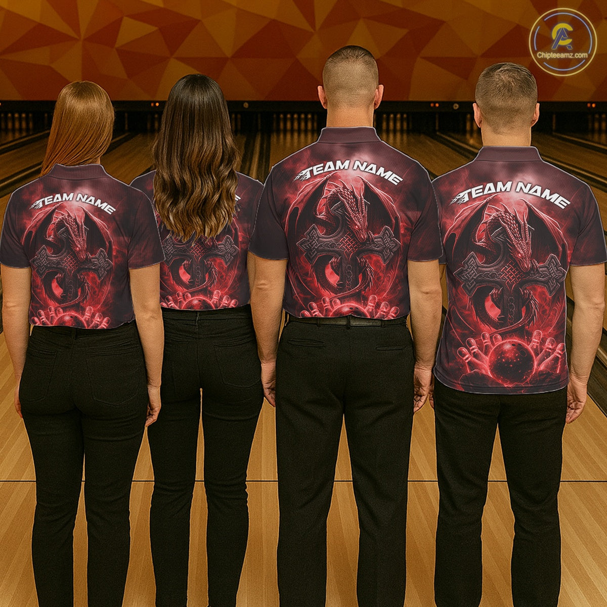 Custom Red Flame Celtic Cross Dragon Bowling Team Shirts, Faith Bowling Tournament Shirts IPHW10508