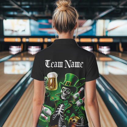 Custom Funny St Patricks Day Leprechaun Skull With Beer Bowling Team Polo Shirt Team Outfit IPHW8603