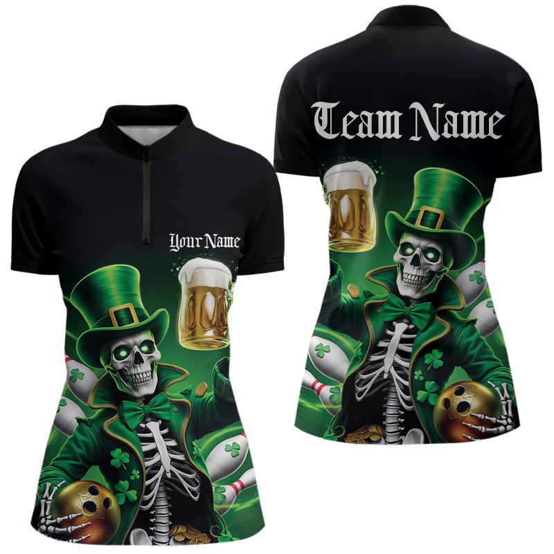 Custom Funny St Patricks Day Leprechaun Skull With Beer Bowling Team Quarter-Zip Shirts IPHW8603