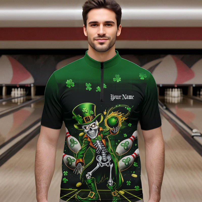 Custom St Patricks Day Leprechaun Skull Bowling Team Quarter-Zip Shirts, Bowling Tournament Outfits IPHW8604