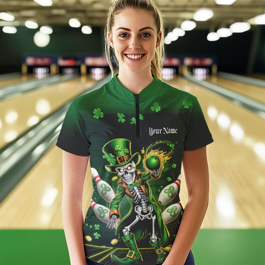 Custom St Patricks Day Leprechaun Skull Bowling Team Quarter-Zip Shirts, Bowling Outfits IPHW8604
