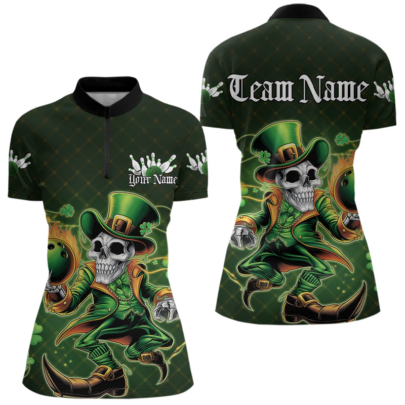Custom Funny St Patricks Day Leprechaun Skull Bowling Team Quarter-Zip Shirts IPHW8605