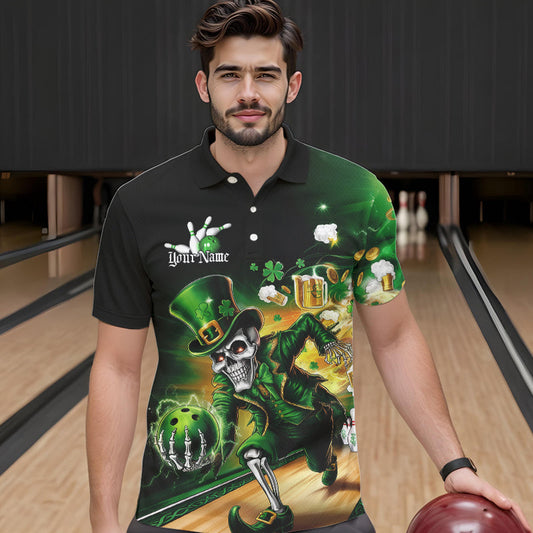 Custom Funny St Patricks Day Leprechaun Skull With Beer Bowling Team Polo Shirts Team Outfit IPHW8606