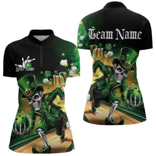 Custom Funny St Patricks Day Leprechaun Skull With Beer Bowling Team Quarter-Zip Shirts IPHW8606