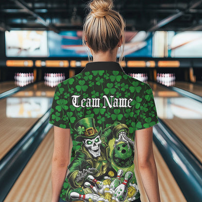 Custom Funny Saint Patricks Day Skull And Beer Bowling Womens Polo Shirt, Lucky Team Shirt IPHW8607